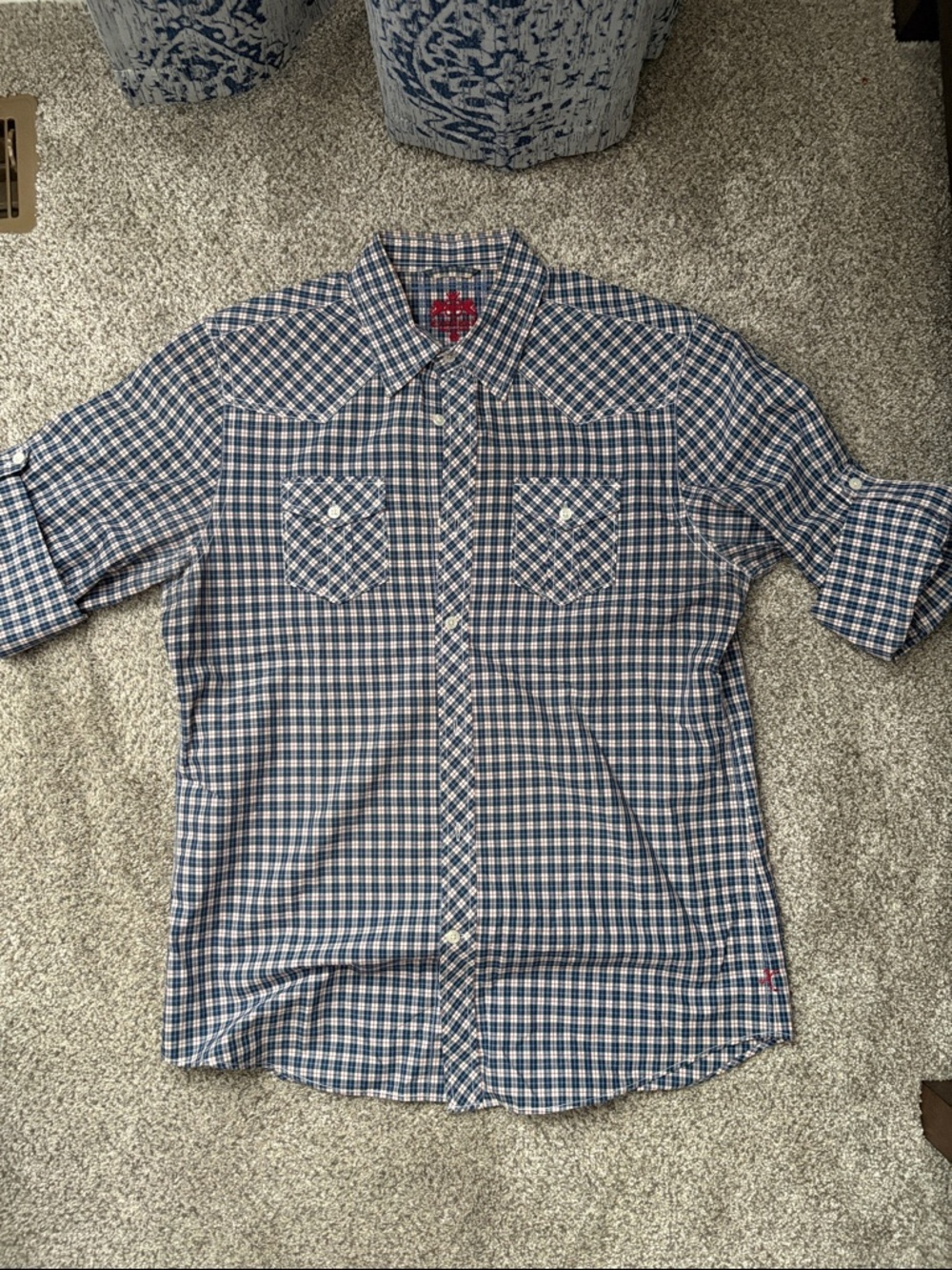 Express Rider Western Red, Blue, and White Plaid Button-Down Shirt